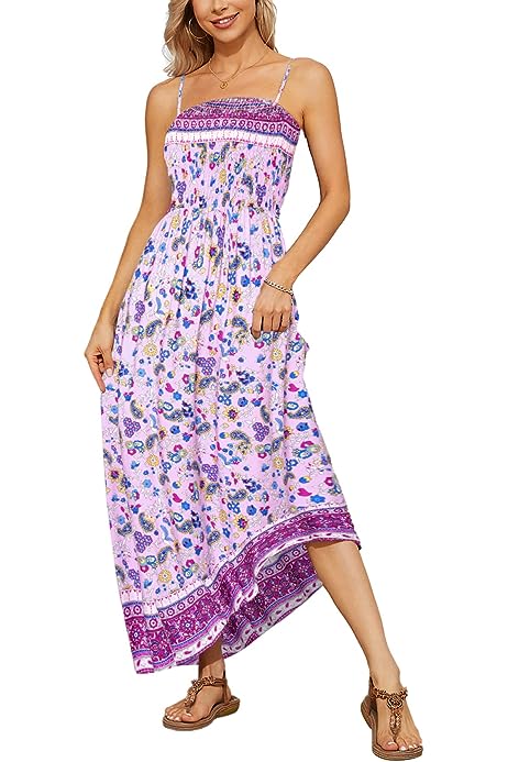 Women 2023 Summer Maxi Dresses Casual Boho Floral Print Sleevless Spaghetti Strap High Waist Flowy Beach Long Dress