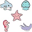 Cartoon Marine Life Enamel Pin Set Cute Sea Animal Lapel Pin (with Starfish/ Octopus/ Shark/ Hippocampus/ Squid) Gift for Children Accessory for Backpacks Clothes Lanyard