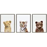Kate and Laurel Sylvie Lions and Tigers and Bears Framed Canvas Wall Art by Amy Peterson, Set of 3, 18x24 Gray, Cute Baby Animal Art for Nursery and Other Decor