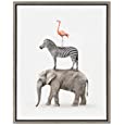 Kate and Laurel Sylvie Stacked Safari Animals Framed Canvas Wall Art by Amy Peterson, 18x24 Gray, Charming Quirky Wall Decor for Living Room, Bedroom, Or Nursery