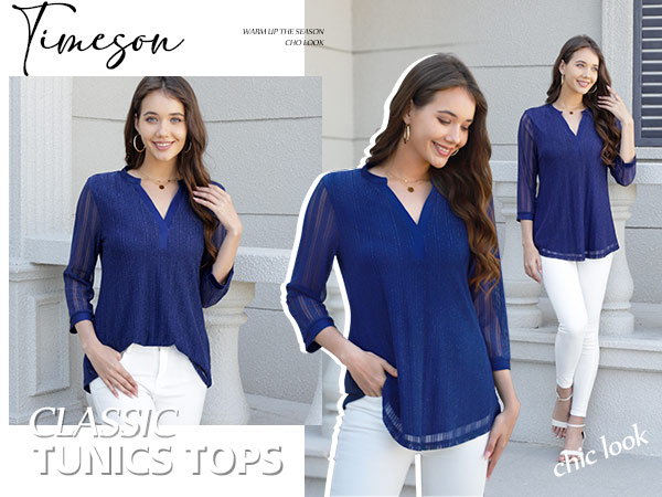 Timeson Women''s 3/4 Sleeve Blouses Casual V Neck Dress Shirts Double Layers Mesh Tunics Tops 