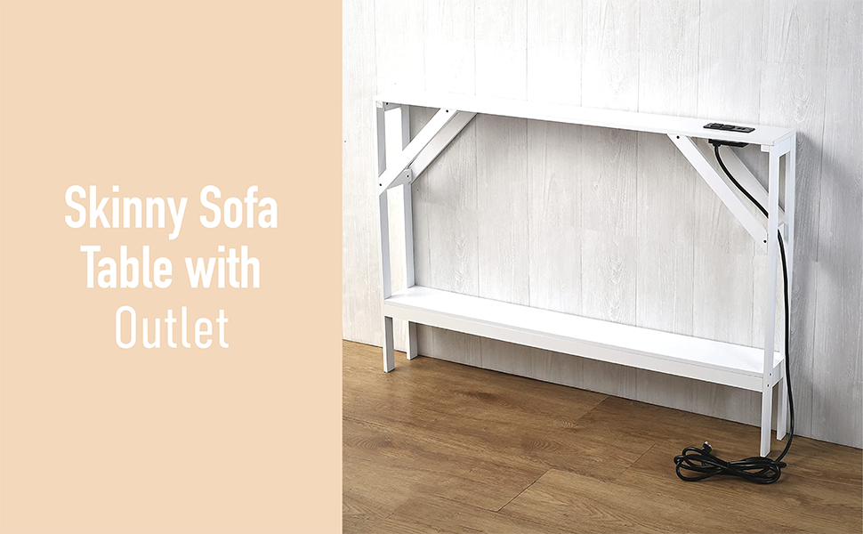 Skinny Sofa Table with Outlet - Modern Accent Table with White Finish