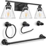 FIMITECH 3-Light Vanity Light Fixtures, 5-Piece All-in-One Bathroom Set, Light Fixtures with Clear Glass Shades, Towel Bar, Towel Ring, Robe Hook, Toilet Roll Holder, Great for Bathroom, Vanity Table