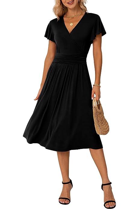 Summer Fall Dress for Women Casual Ruffle Short/Long Sleeve Dresses, Wrap V-Neck Dress