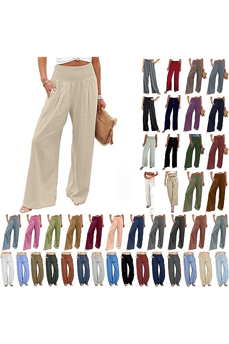 Linen Pants for Women Wide Leg Casual Summer Elastic High Waisted Palazzo Pant Baggy Flowy Beach Trousers with Pocket