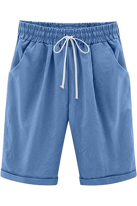 Womens Drawstring Elastic Waist Shorts Summer Casual Lightweight Solid Color Plus Size Shorts with Pockets Pants