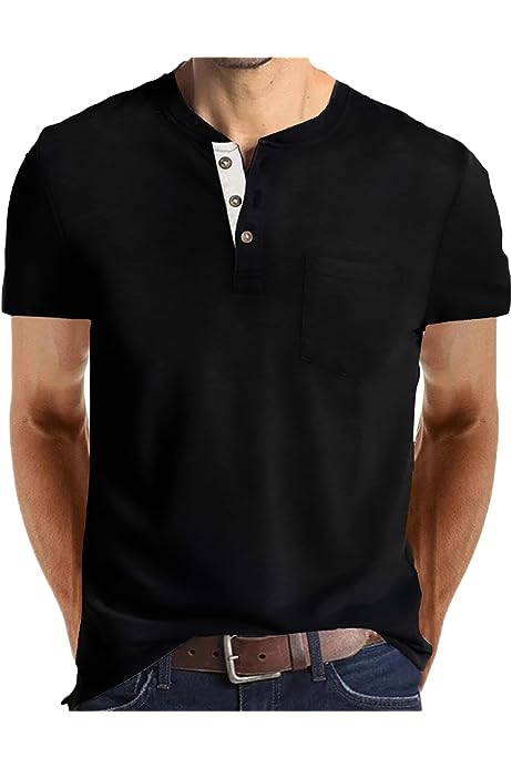 Mens Fashion Henley Shirts Long Sleeve Button Cotton T-Shirt with Pocket