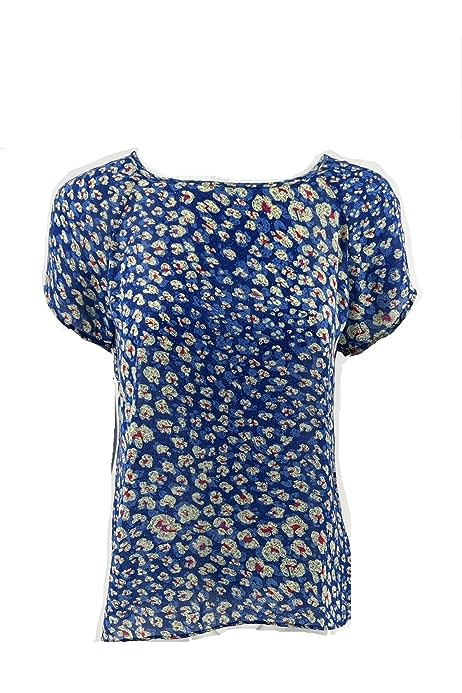 Blue Floral Short Sleeve Crossover Button Back Top Style 299