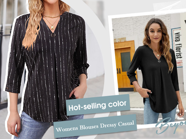 VALOLIA Womens 3/4 Sleeve Tunic Tops V Neck Blouses Dressy Casual Loose Spring and Summer T-Shirts