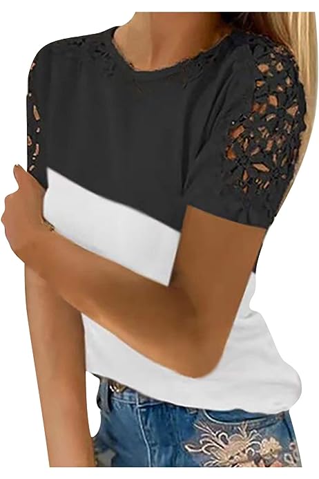 Womens Boho Floral Lace Cold Shoulder Tops 2023 Fashion Short Sleeve Crewneck Summer Casual Elegant t Shirt Blouse
