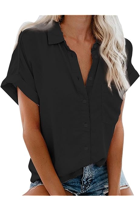 Womens Button Down Shirt Short Sleeve Lapel Collar Dressy Tunic Blouses Lightweight Work Office Top Shirts