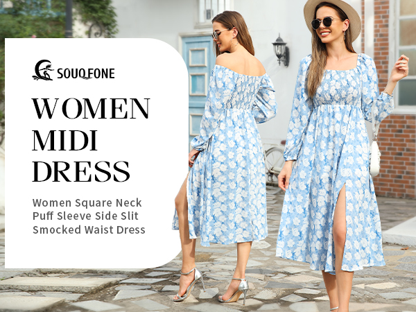 womens Side Split Midi Flowy Dresses Square Neck Floral Puff Sleeve Dress