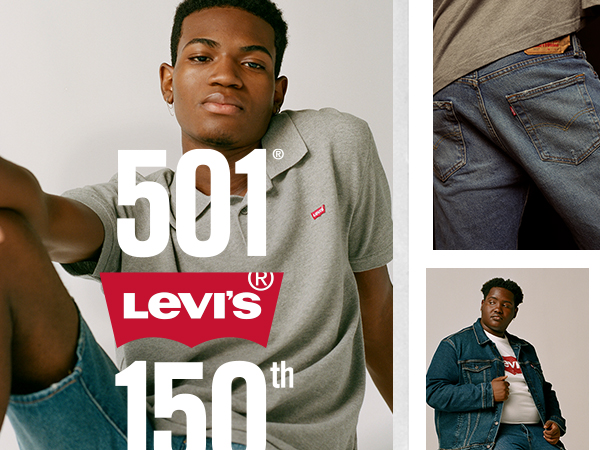 Collage of men wearing Levi''s tops, tees, trucker jackets and 501 jeans