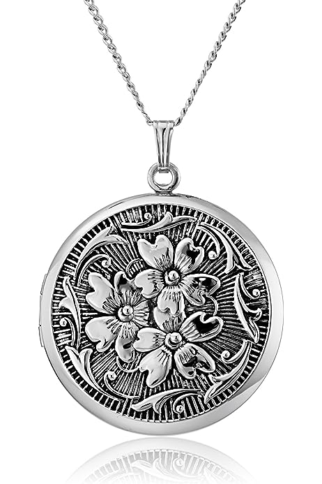 Sterling Silver Round Embossed Antique Finish Locket Necklace, 20"