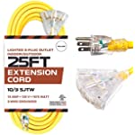 25 Foot Lighted Outdoor Extension Cord with 3 Electrical Power Outlets - 10/3 SJTW Yellow 10 Gauge Extension Cable with 3 Prong Grounded Plug for Safety, 15 AMP