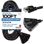 100 Ft Outdoor Extension Cord with 3 Electrical Power Outlets - 12/3 SJTW Heavy Duty Black Cable with 3 Prong Grounded Plug for Safety, 15 AMP
