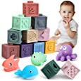Elf Lab Baby Block Soft Building Blocks, Baby Teethers Toy with Developmental Sensory Infant Animal Bath Toy, Squeeze Play with Number Shapes Fruit and Textures for Babies Toddlers 6 to 12 Months Up