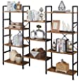 SUPERJARE Triple Wide 4-Tier Bookshelf, Rustic Industrial Style Book Shelf, Wood and Metal Bookcase Furniture for Home &amp; Office - Rustic Brown