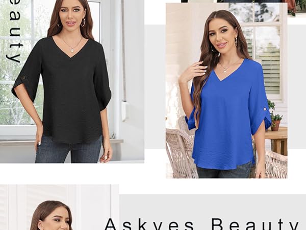 Askyes Womens Blouses Dressy Casual Chiffon Tops Summer 3/4 Sleeve Blouse Shirts