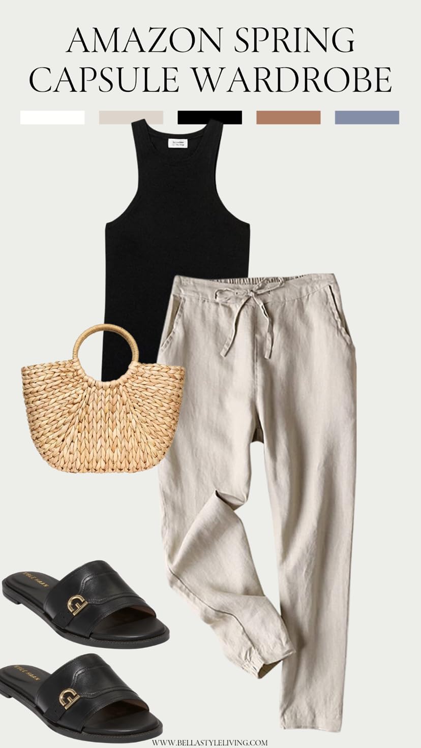 Amazon Spring Capsule Wardrobe finds. Love these linen pants paired with a sleeveless tank and slides. So cute and comfy.