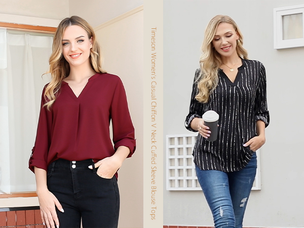 Timeson Womens Casual Chiffon V Neck 3/4 Sleeve Blouse Tops