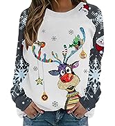 ZCVBOCZ Christmas Long Sleeve Shirts Women Stylish Novelty Moose Print Crewneck Sweatshirt Regula...