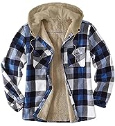 ZCVBOCZ Men Flannel Shirt Jacket Fleece Sherpa Lined Plaid Hooded Jacket Thicken Quilted Button U...