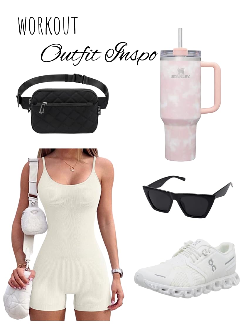 Workout outfit. Summer cute workout. White workout one piece. Black crossbody bag. White tennis shoes. Cat eye sunglasses. Pink and white Stanley cup 