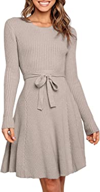 ANRABESS Women's Crewneck Long Sleeve Tie Waist A-Line Swing Bodycon Short Dress Casual Solid Ribbed Knit Sweater Dress