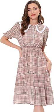 Allegra K Women's Summer Midi Dress Peter Pan Collar Smocked Ruffle Plaid Chiffon Dress