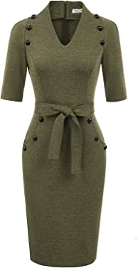 GRACE KARIN Women's Vintage Short Sleeve Slim Fit Belted Business Pencil Dress