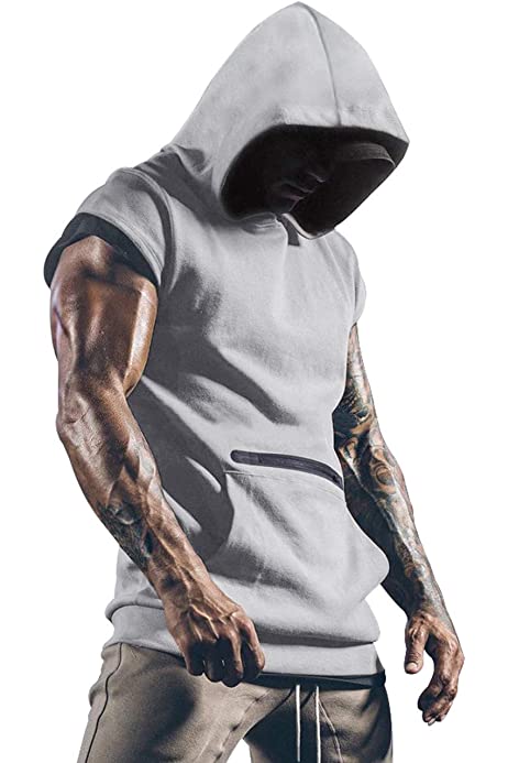 Mens Fashion Muscle T Shirts Hooded Workout Shirts with Pocket