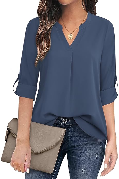 Women's Casual Chiffon V Neck 3/4 Sleeve Blouse Tops