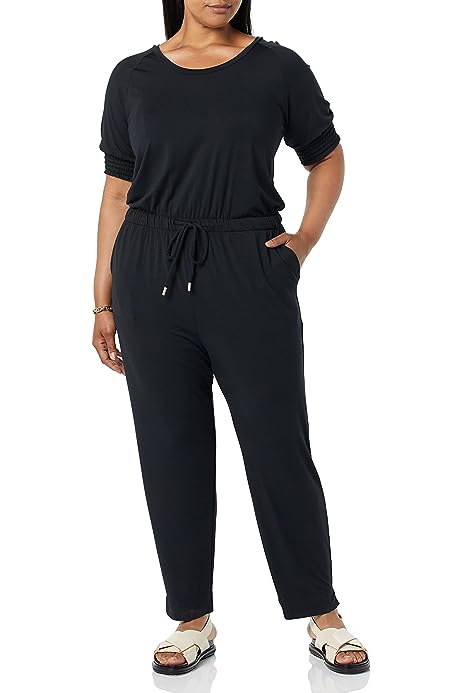 Women's Modal Elbow Length Puff Sleeve Tie Waist Jumpsuit (Available in Plus Size)