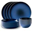 Corelle | Navy Stoneware Service for Four | Four Dinner Plates, Deep Bowls, and Meal Bowls | 12 Piece Kit | Easy to Clean Plates are Triple Layered and Resistant to Chips and Cracks
