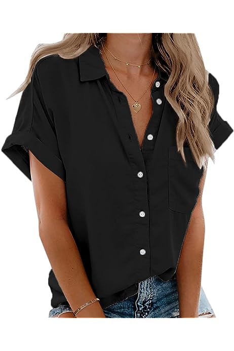 Womens Short Sleeve Shirts V Neck Collared Button Down Shirt Tops with Pockets
