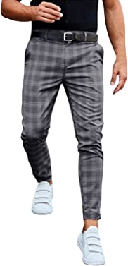 Mens Classic Fit Dress Pants Lightweight Straight Plaid Zipper Trouser Slim-Fit Comfort Stretch Business Dress Long Pant