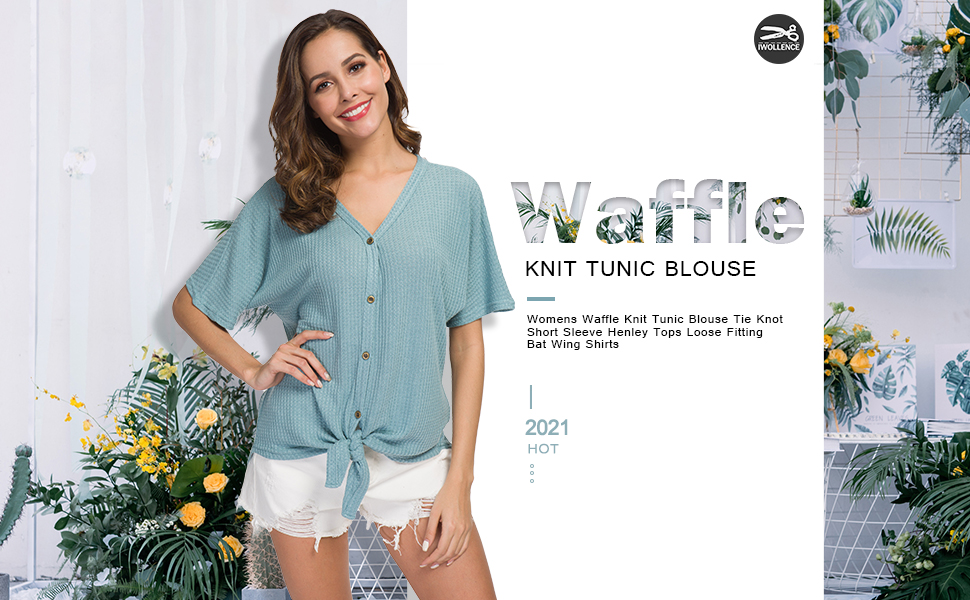 Womens Waffle Knit Tunic Blouse Tie Knot Short Sleeve Henley Tops Loose Fitting Bat Wing Shirts