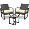 Qsun 3 Pieces Porch Furniture Set Patio Rocking Bistro Set Outdoor Patio Chairs Rattan Conversation Sets with Coffee Table for Front Porch Garden Balcony Backyard Poolside (Beige Cushion)