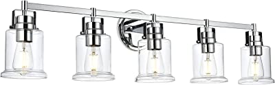 Lucidce Bathroom Vanity Lighting Fixtures 5-Light Chrome Wall Vanity Lights Modern Metal Wall Sconces Lighting with Clear Glass Shade