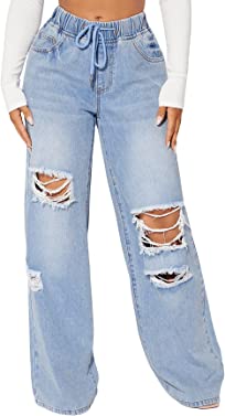 SweatyRocks Women's Ripped Straight Leg Jeans High Waist Distressed Cutout Denim Pants