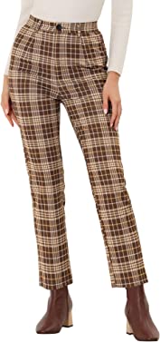 Allegra K Plaid Cropped Trousers for Women's Button Casual Tartan Check Work Pants