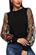 Romwe Women's Embroidered Floral Mesh Bishop Sleeve Loose Casual Blouse Top