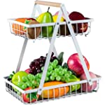BUSKYI 2-Tier Fruit Basket for Kitchen - Countertop Fruit and Vegetable Storage Fruit Bowl with Banana Hanger , White