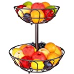 Simple Trending 2-Tier Fruit Basket Bowl Holder Storage for Kitchen, Bread Vegetable Fruit Stand Detachable Metal Round Wire Basket for Countertop, Home Decor, Bronze