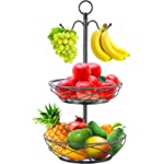 Fruit Basket - 2 Tier Fruit Bowl with Banana Hanger for Kitchen Counter Fruit Holder - Elegant Black