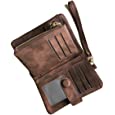 AOXONEL Women&#39;s Small Bifold Leather wallet Rfid blocking Ladies Wristlet with Card holder id window Coin Purse (Brown)