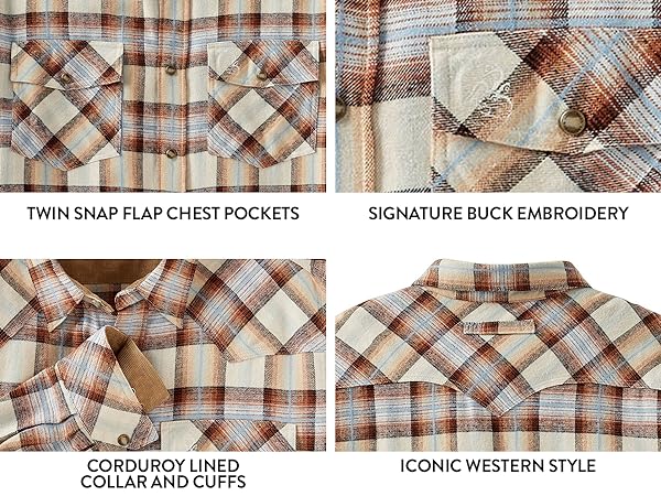 Corduroy Lined collar and cuffs, western style, snap flap chest pockets, embroidered logo, plaid