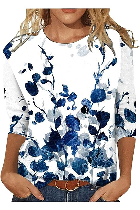 3/4 Sleeve Womens t Shirts Dressy Blouses for Women Casual Graphic Print Trendy Tops Half Sleeve Floral Print Blouse