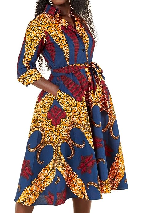 African Print Dresses for Women, High Waist Floral Print Dashiki Maxi African Dress Swing Midi Dress Party Clubwear